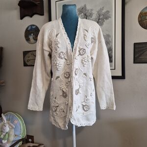 Vintage 1980s Beldoch Popper 3D Floral & Grape Chunky Knit Cardigan Large